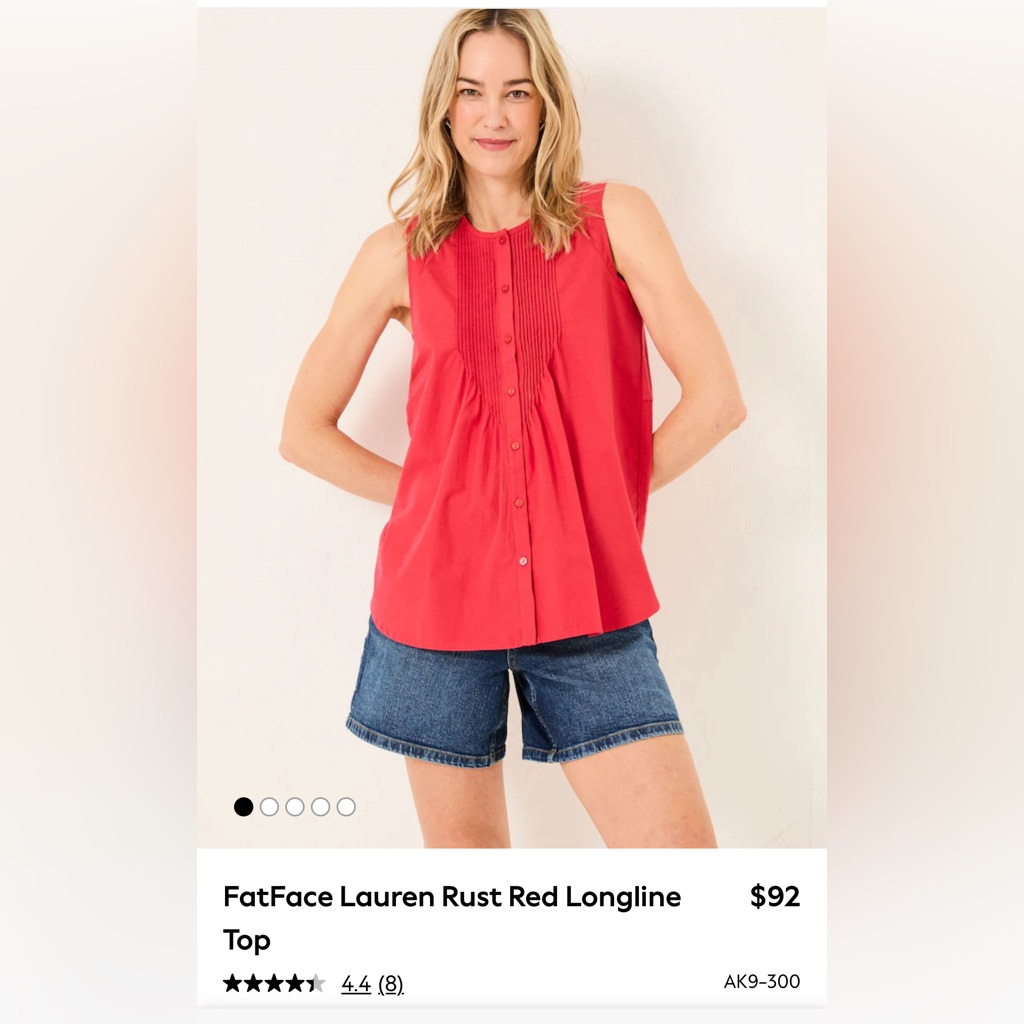 Fat Face Lauren Rust Red Longline Top Size 8 Nwt